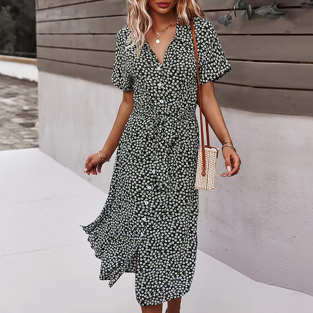 Damen bedrucktes, modisches, lässiges Resort-Stil, sexy, kurzärmliges Kleid mit V-Ausschnitt