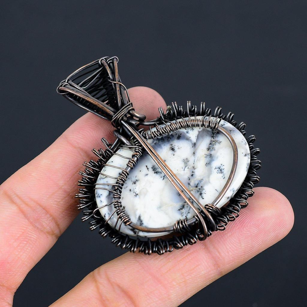 Tree Of Life Dendrite Opal Gemstone Handmade Copper Wire Wrap Pendant Jewelry For Sister