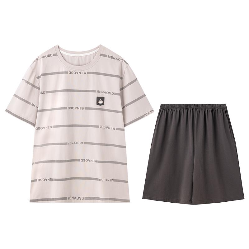 Fenteng [100% cotton] thin round neck short sleeved men's pajamas casual striped home clothes men's shorts set