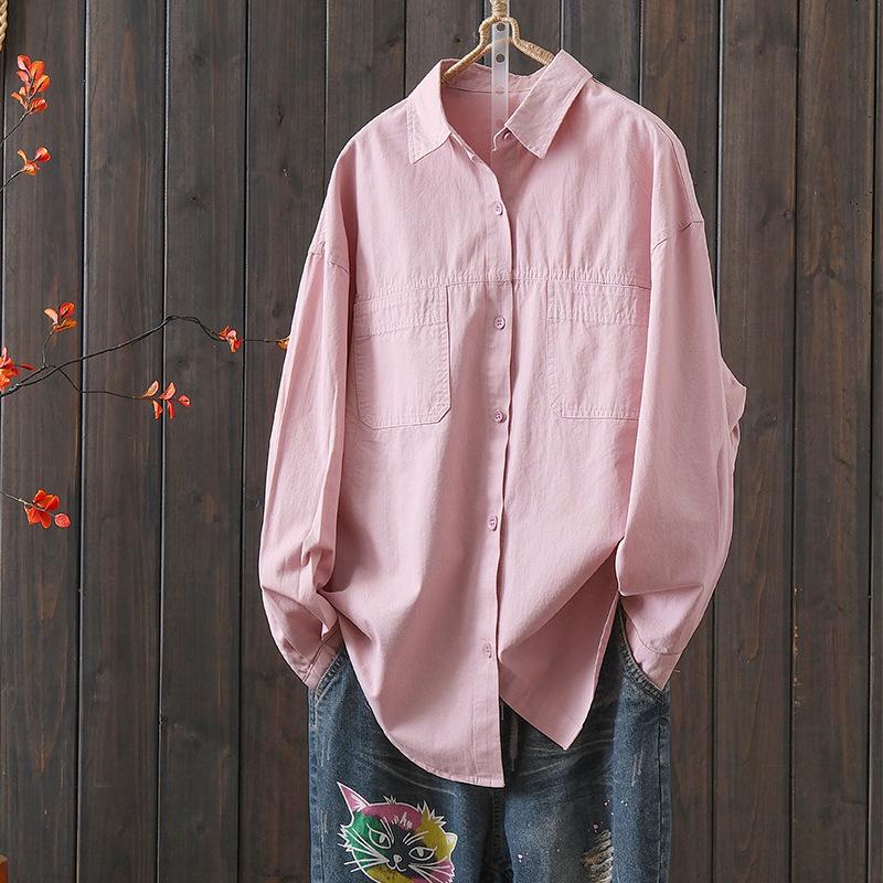 

Women s Casual Korean Style Cotton Shirt Jacket - Loose, Slimming, Artistic, Lapel Design for Spring XXL