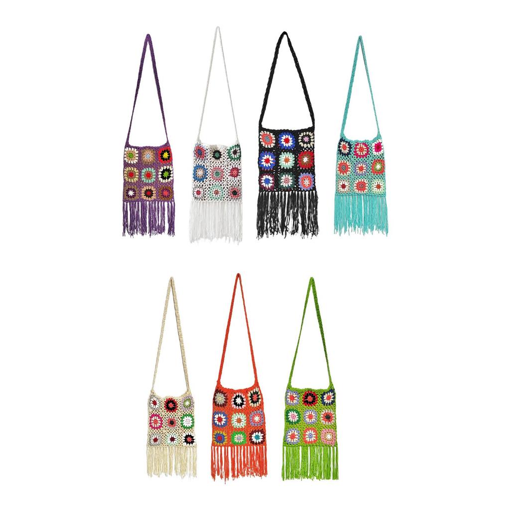 Crocheted Shoulder Tassel Bohemian Ethnic Style Tote for Beach Travel