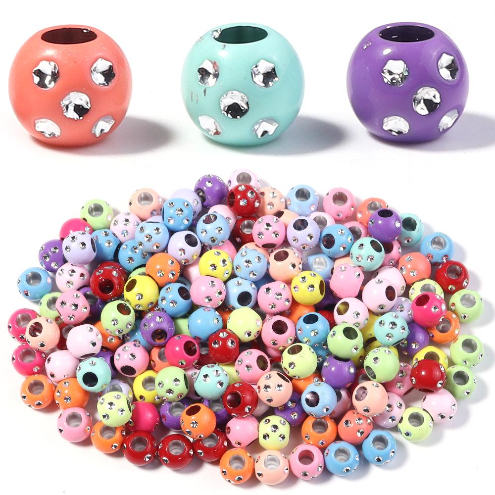 100pcs 9mm Rhinestone Acrylic Beads Shiny Mixed Color Big Hole Round Loose Beads For Jewelry Making DIY Bracelets Headwear Decor