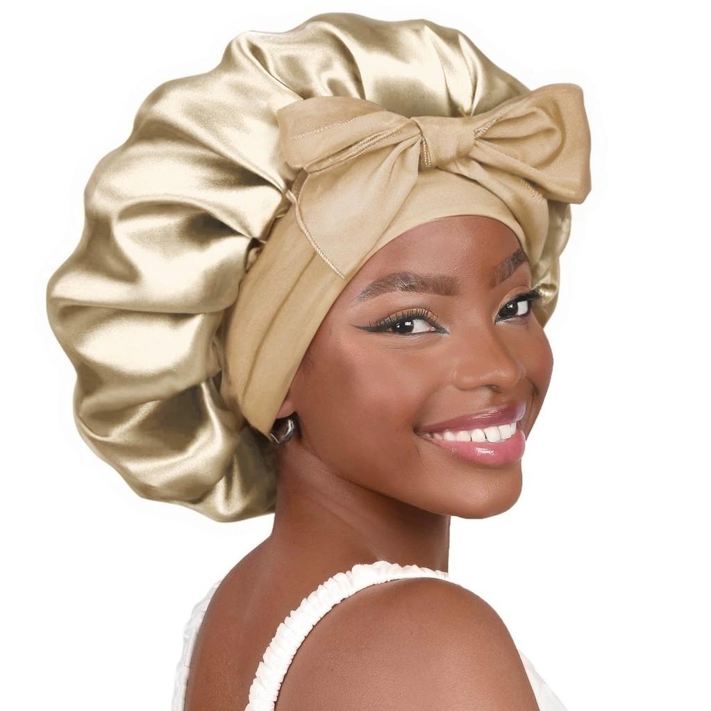 Bonnet de Nuit en Satin pour Femmes avec Nœud Papillon Lien Réglable Soin des Cheveux Bonnet de Nuit Doux en Soie