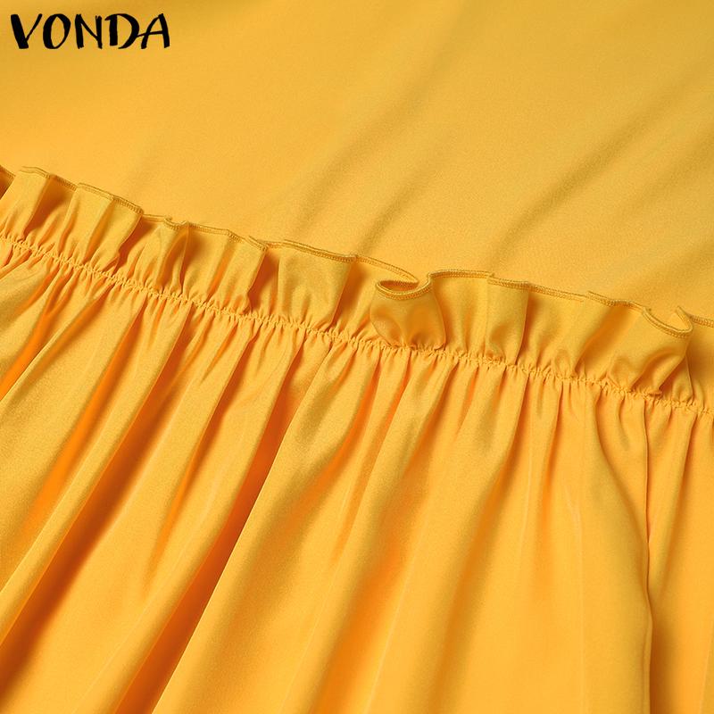 VONDA Women Plus Size Stand Collar Tie Decorated Long Sleeve Solid Color Dresses