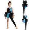 Girls Sparkling Sequins Asymmetrical Color Block Dance Jumpsuit Leotard with Feather Tulle Skirt Bodysuit for Performance Competition