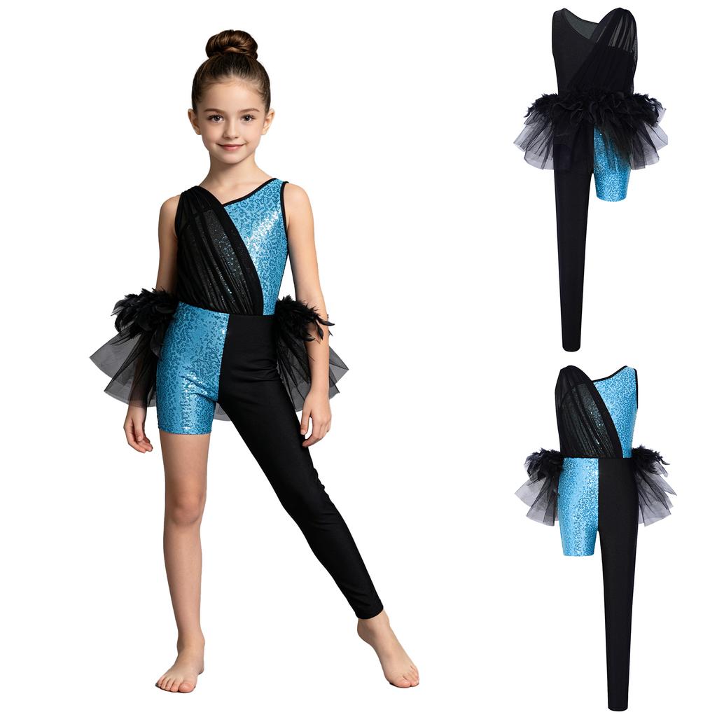 Girls Sparkling Sequins Asymmetrical Color Block Dance Jumpsuit Leotard with Feather Tulle Skirt Bodysuit for Performance Competition