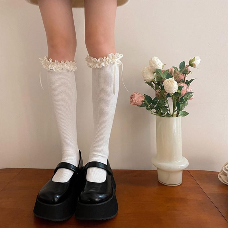 Ballet Style Bow Knee High Socks Lolitas Lace Ruffle Frilly Calf Socks JK Students Girls Stockings Sweet Knee Highs