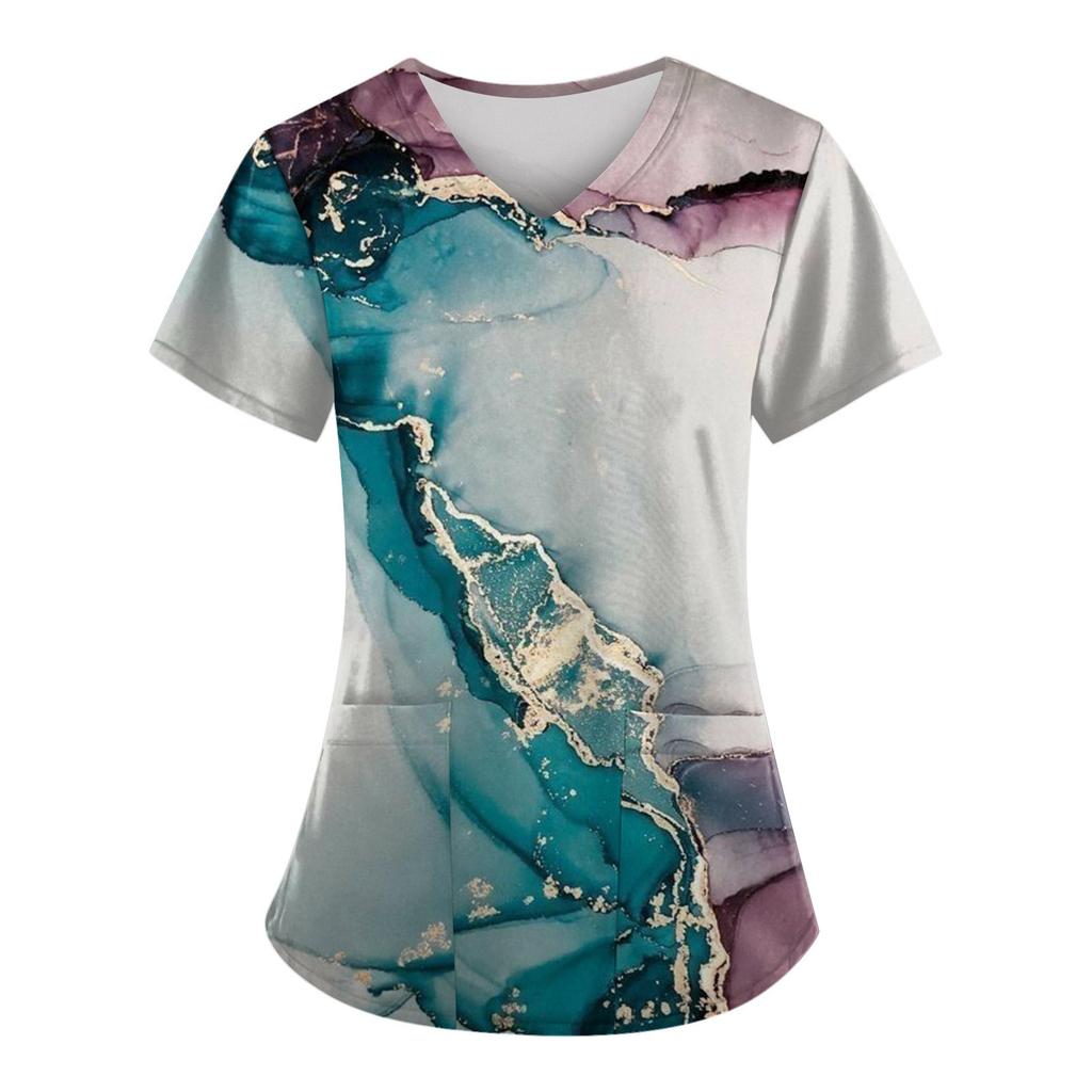 Modische bedruckte Damen-Arbeitsuniform mit Taschen-T-Shirt, kurzärmeliges Oberteil
