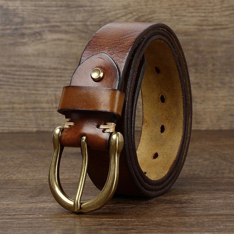 

Men S Belt Men S Genuine Leather Belt Men S Casual Retro Copper Buckle Pin Buckle Glossy First Layer Cowhide Denim Belt 105CM [suitable for 100-60kg] хакі