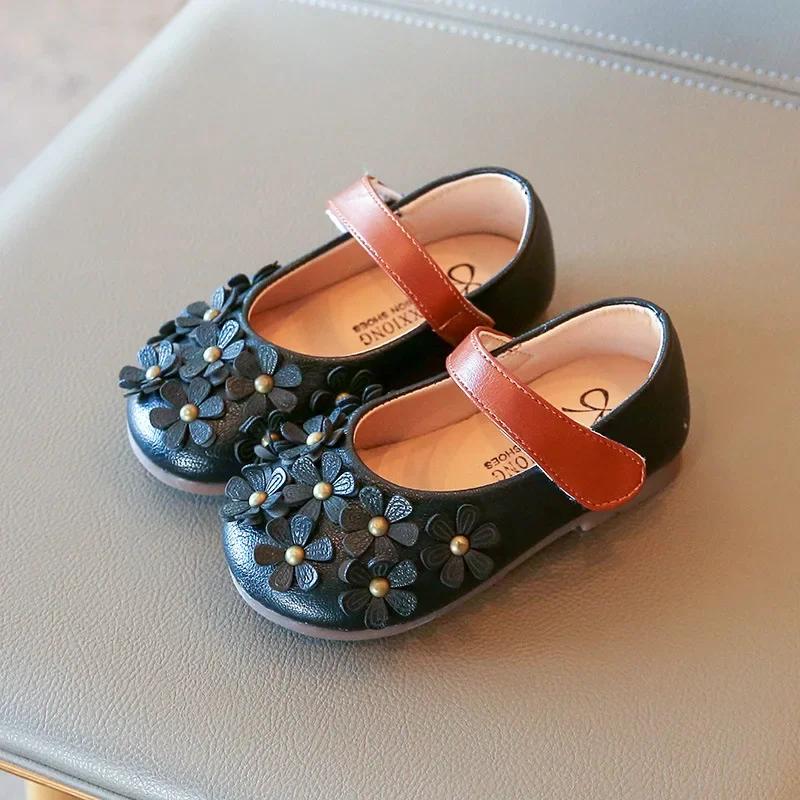 Spring New Little Girls Leather Shoes Baby Girl Flower Mary Janes Shoes Soft Sole Kids Girl Fashion Princess Shoes I07053