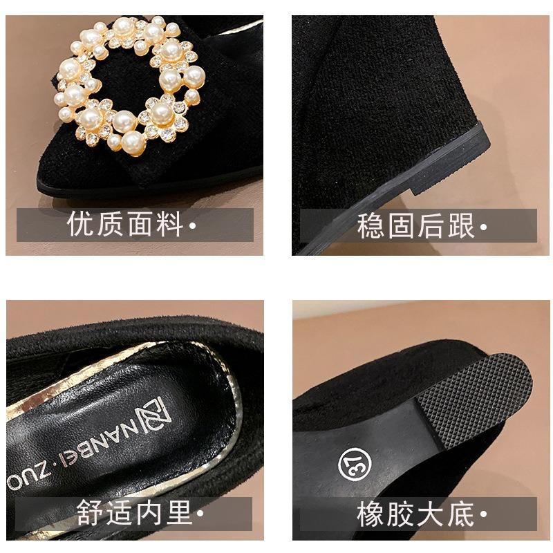 Frühlings- und Herbst-Keilabsatz-Modeschuhe Schwarz High Heels Strass Perle Quadratische Schleife Große Größe Arbeitsschuhe