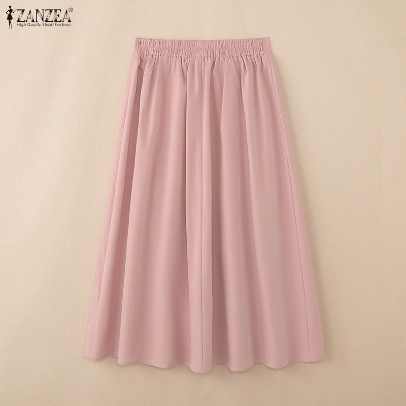 ZANZEA Saias midi soltas de cor sólida e cintura elástica casual feminina
