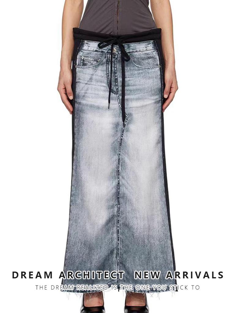 Spring-Summer Distressed Denim Patch Hoodie Long Skirt for Women