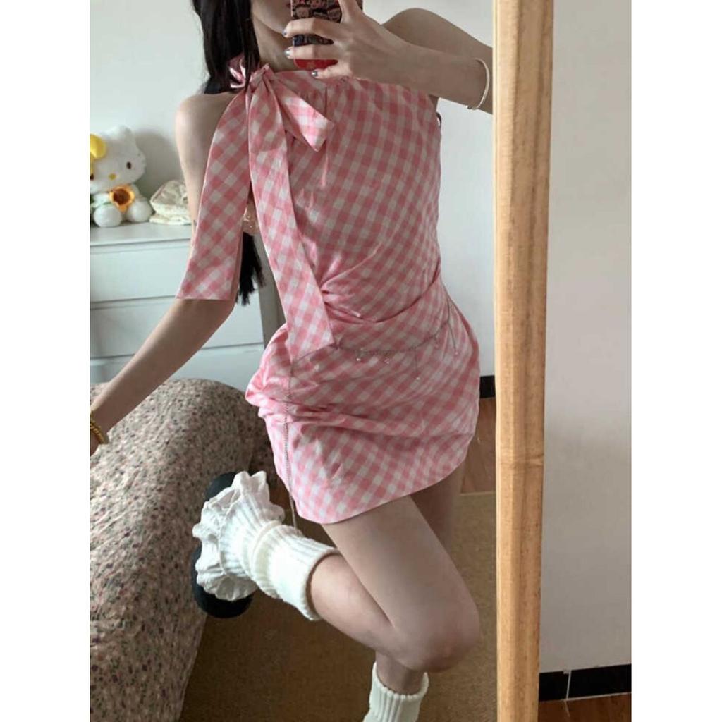 Pure desire style pink off-the-shoulder sleeveless neck plaid dress children's summer new bow French hip-wrapped skirt