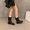 Thick Heel Pile Medium Knight Boots Women's Boots 2025 New Spring and Autumn Black Martin Boots Skinny Brown Short Boots