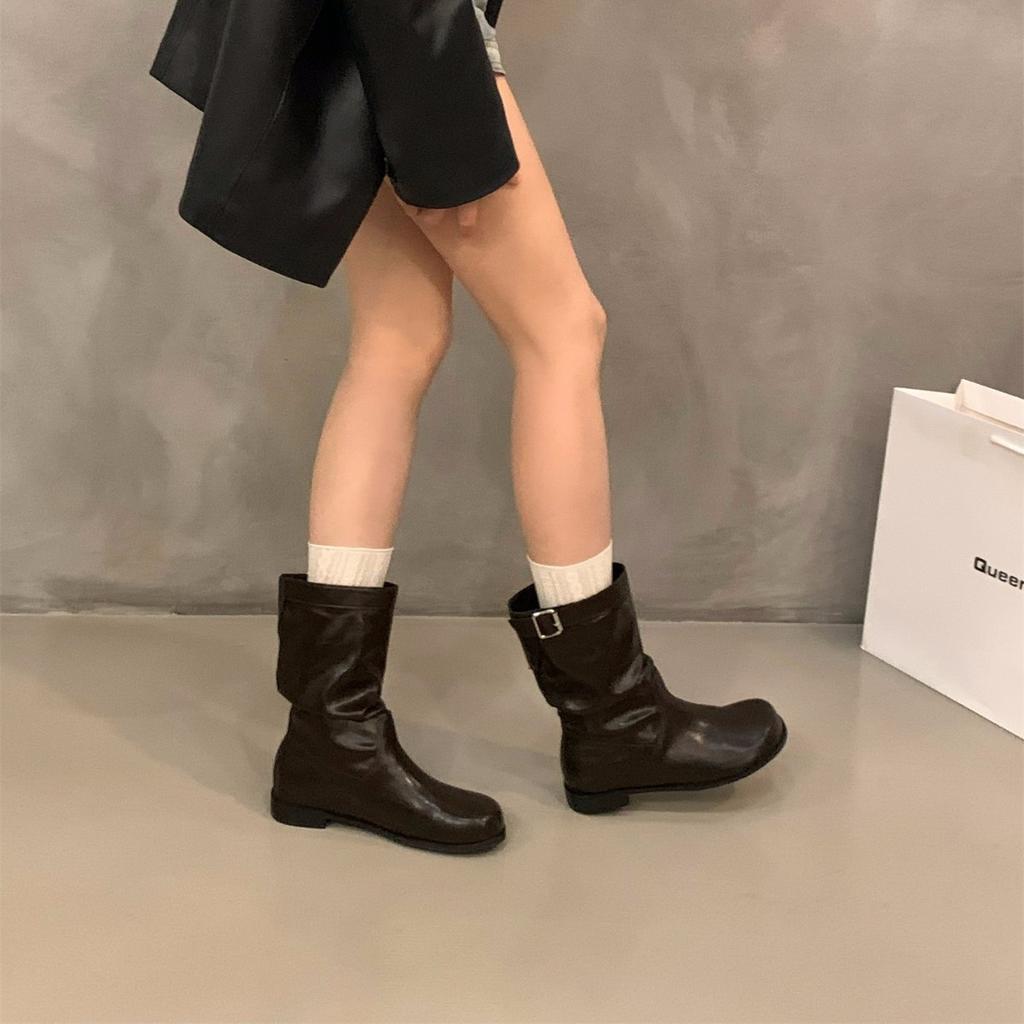 Thick Heel Pile Medium Knight Boots Women's Boots 2025 New Spring and Autumn Black Martin Boots Skinny Brown Short Boots
