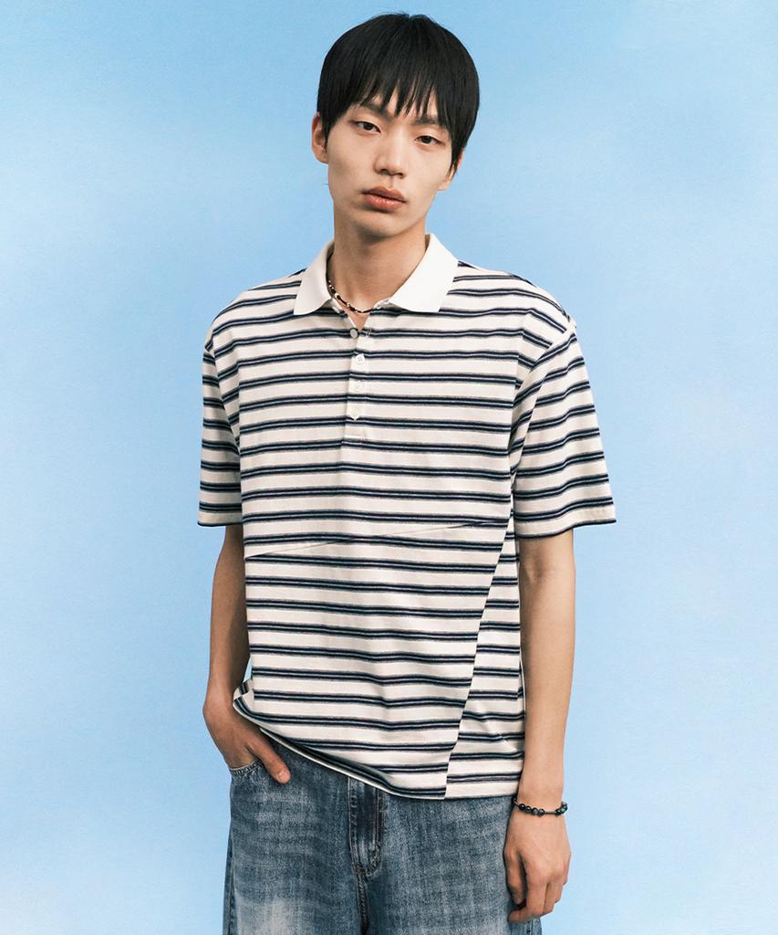INTEMPOMOOD Glitch Stripe Collar T-Shirt_Ivory