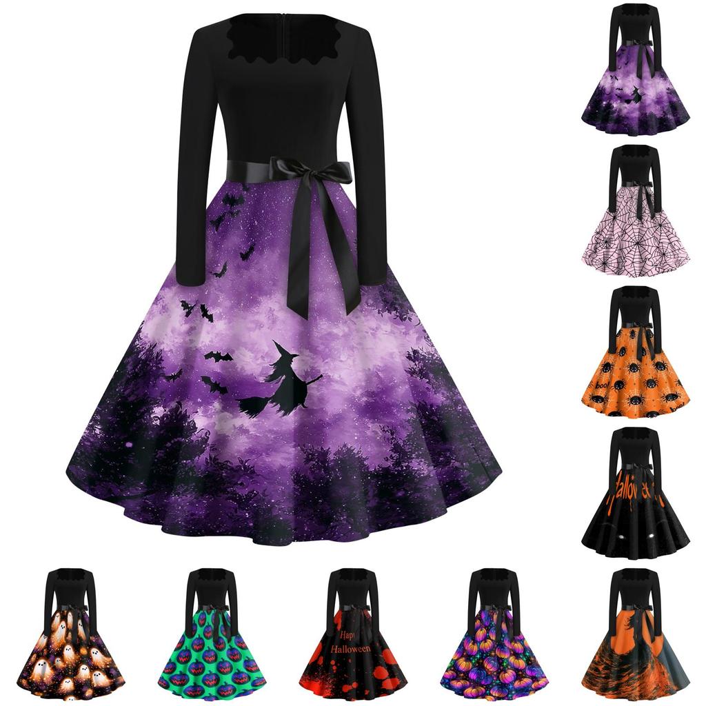 Women's Casual Vintage Dress with Halloween Print Square Neck for Daily Wear