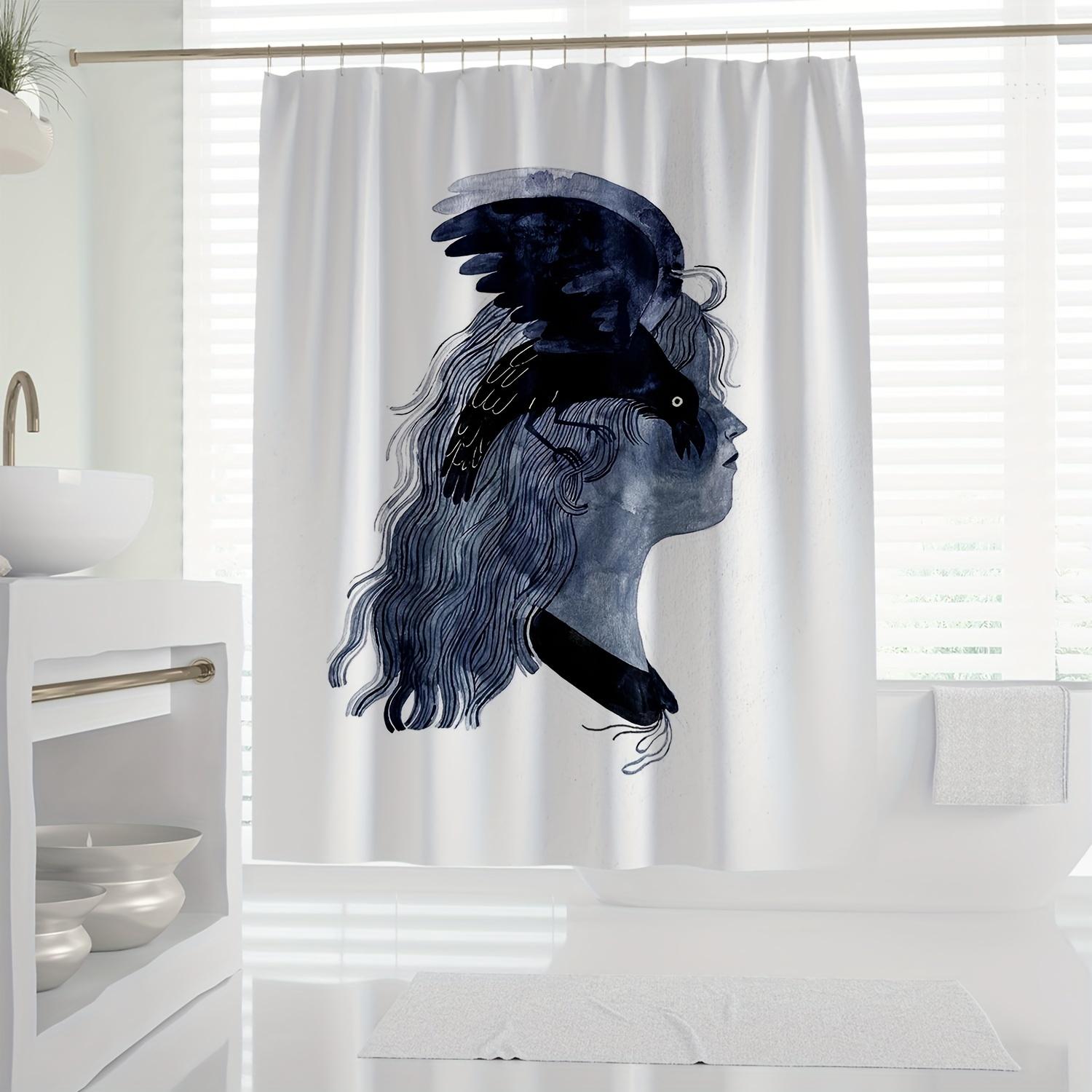 

1Pc Modern Abstract Art Print Shower Curtain With Raven And Woman Design - Polyester, Machine Washable, Includes Hooks, Blue And W60H190(CM)-1 Pcs