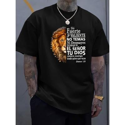 European Sizes A Men'S Summer Casual T-Shirt Featuring a Round Neck, Adorned with a Mighty Lion Print And Spanish Motivational Phrases
