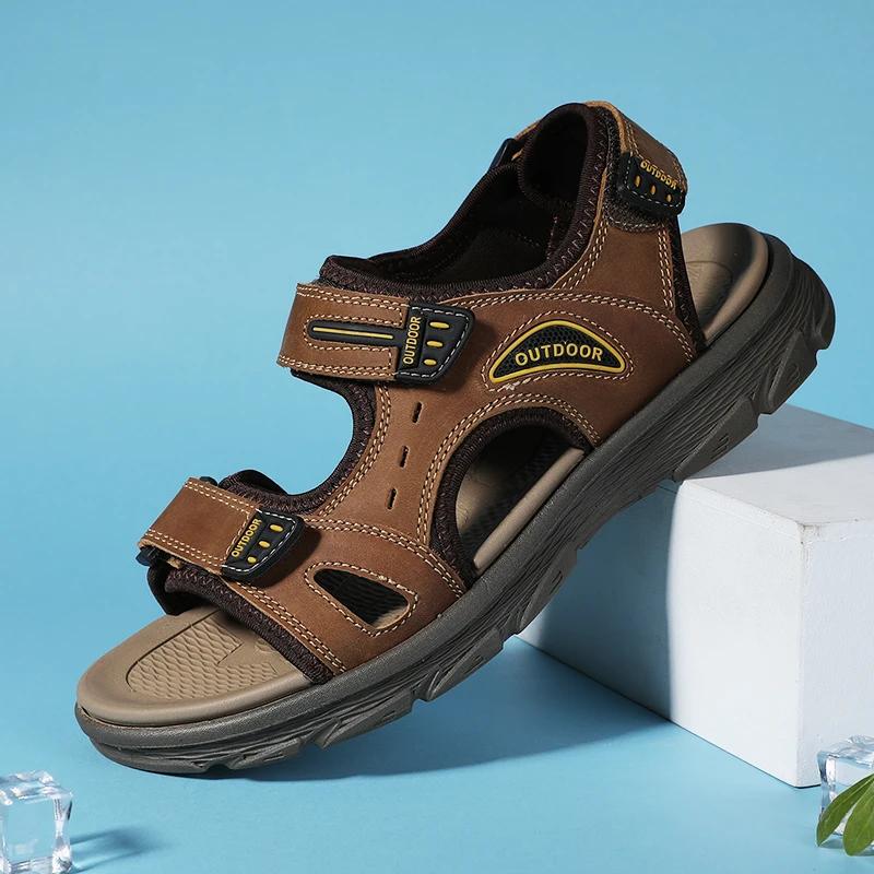 Fashion Men's Sandals Summer Genuine Leather Beach Sandals Classic Men's Casual Shoes Wading Slippers Outdoor Sneakers Zapatillas Male
