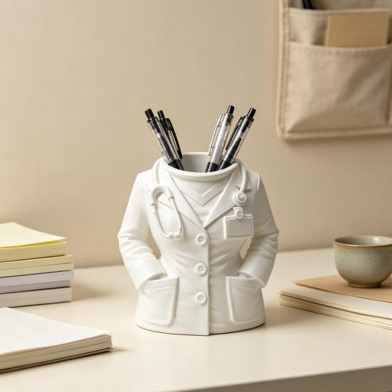 Doctor White Coat Pen Holder with Stethoscope Decoration Creative Desk Organizer for Medical Office Clinic Home Cute Gift for Doctors Nurses