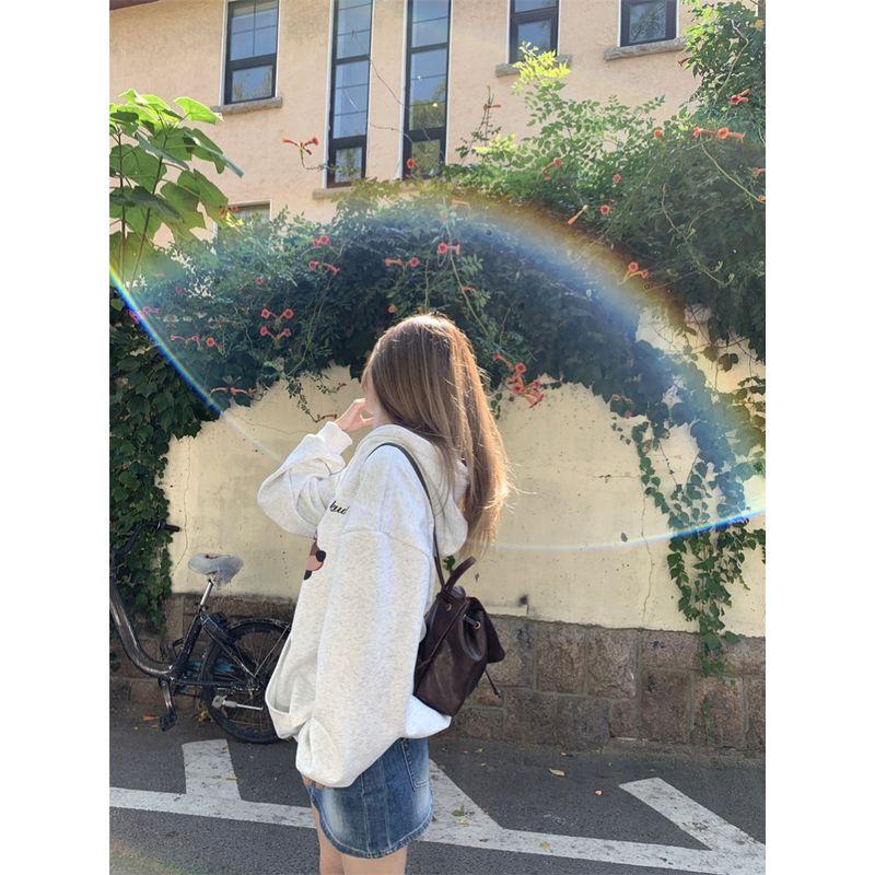 Kumikumi Idle Style Puppy Printed Loose Hooded Sweatshirt Women Fall Minority All-Match Loose Slim Looking