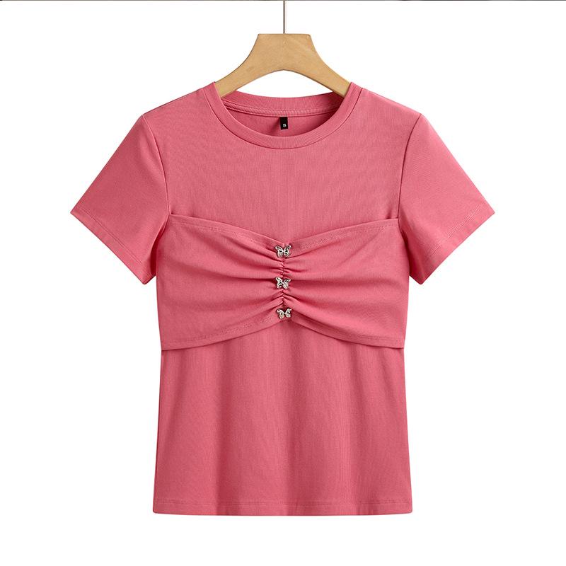 2026 Spring/Summer Butterfly Bead Slim-fit T-shirt: New Arrival, Fashionable Solid Color, Short Sleeve, Korean Style Top.