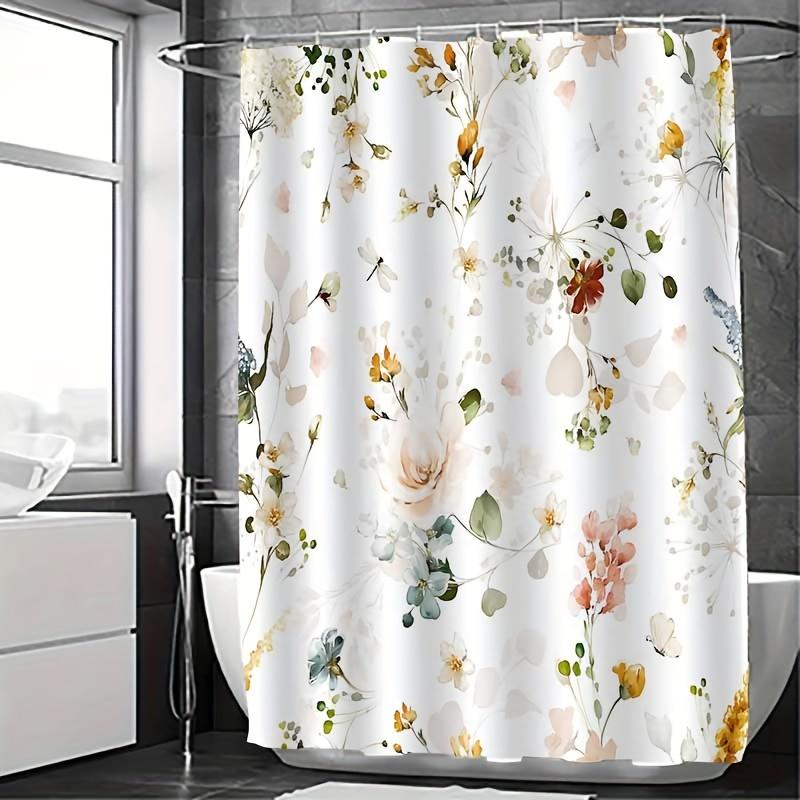 

Elegant Floral Shower Curtain, Pink/Peach/Yellow/Green Flowers, Washable Polyester, Hooks Included, Pastel Tone Bath Decor W60H190(CM)-1 Pcs