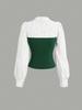 Completo 2 pezzi stile europeo da donna 2026: camicia a V con patchwork in vita e pantaloni