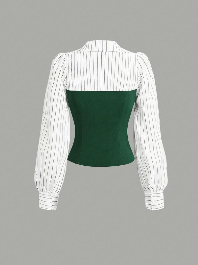 Completo 2 pezzi stile europeo da donna 2026: camicia a V con patchwork in vita e pantaloni