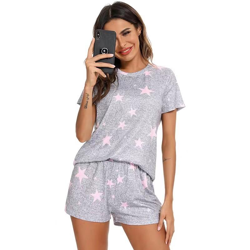 Womens Sleepwear Set With Short Sleeve Top And Shorts For Home And Lounge