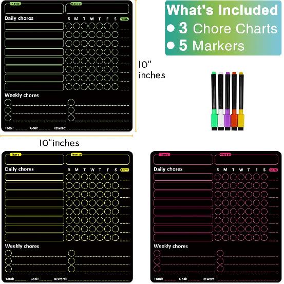 Magnetic Chore Chart for Family - Daily Responsibility Chart with Reward System - Dry Erase Weekly Chore List Board (3 Pcs)