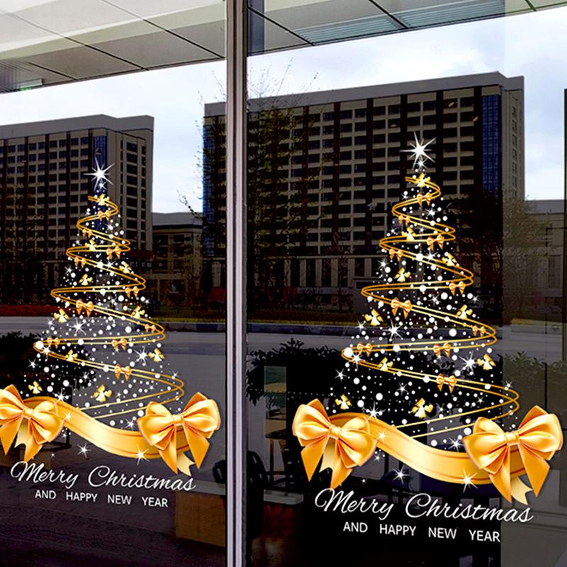 1Pc Golden Christmas Tree Large Bow PVC 40x55CM Xmas Tree DIY Sticker Christmas Window Decal Home Windows