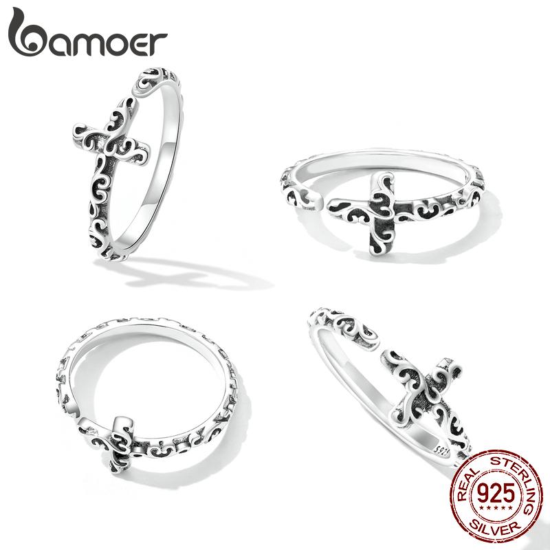 Bamoer Vintage Cross Open Ring 925 Sterling Sliver Embossed Patterns Finger Adjustable Size 5-9 Rings For Party Jewelry