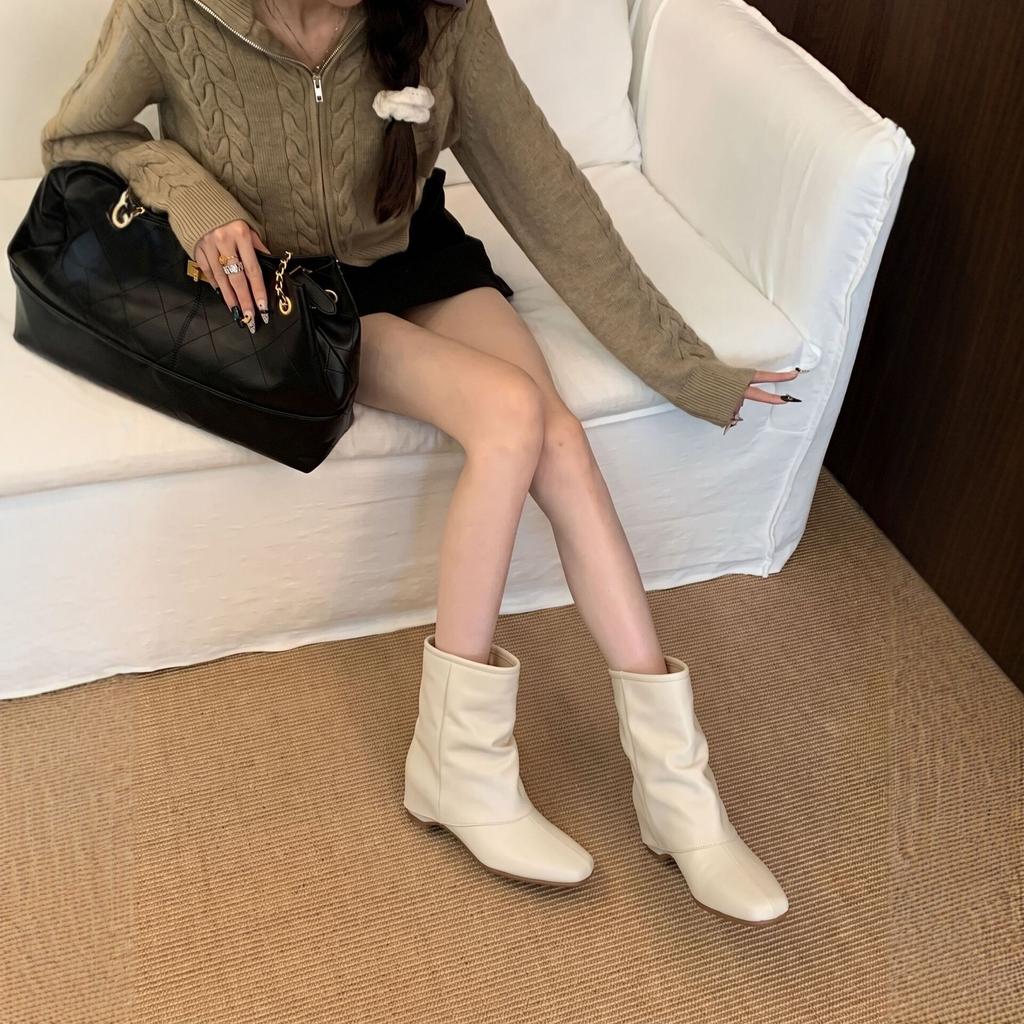 Inner height increase~ French square head short boots women's new simple low-heeled trousers women's boots versatile commuter women's boots