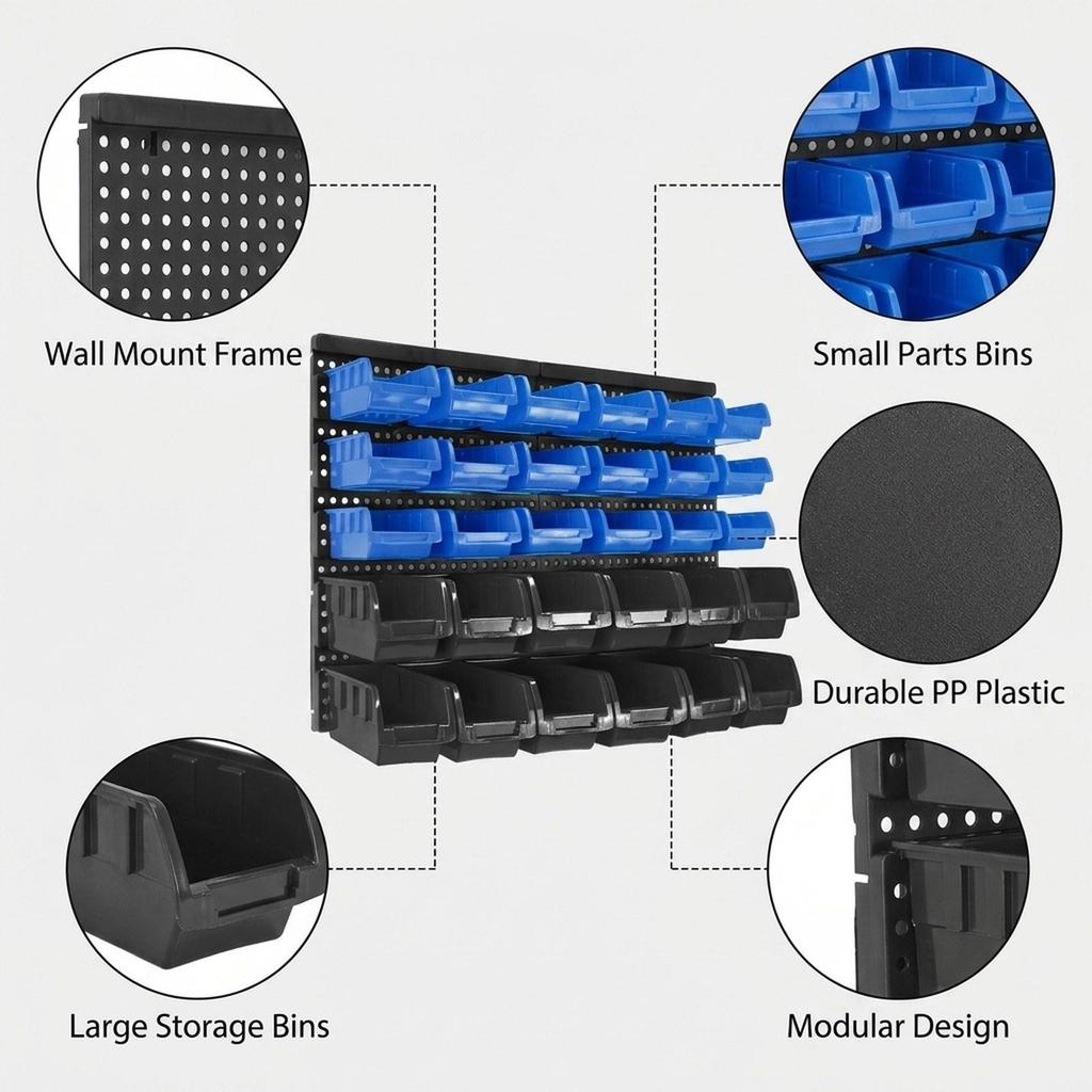 30 Bin Storage Bins Container with Pegboard Tool Organizer Rack for Tools
