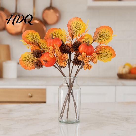 Orange Yellow Maple Leaves Autumn Flower Bouquet Artificial Fall Floral Picks with Pumpkins Rustic Decoration Berries Pine Cones for Thanksgiving