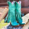 Women's Retro Handmade Pointed Toe Mid-Calf Fringe Boots with Chunky High Heels 