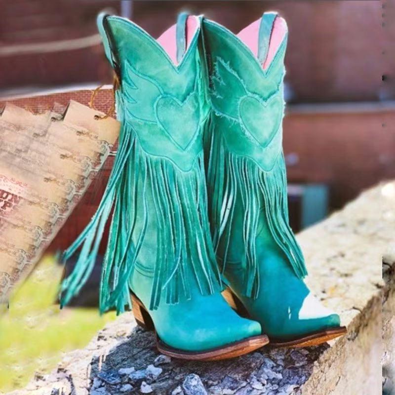 Women's Retro Handmade Pointed Toe Mid-Calf Fringe Boots with Chunky High Heels 