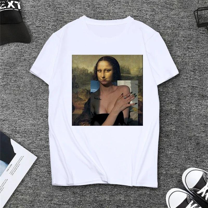 Verão Paródia Mona Lisa Bebendo Cerveja Estampa Camisetas Mulheres Estética Engraçado Casual Mangas Curtas Tops Feminino Mangas Harajuku