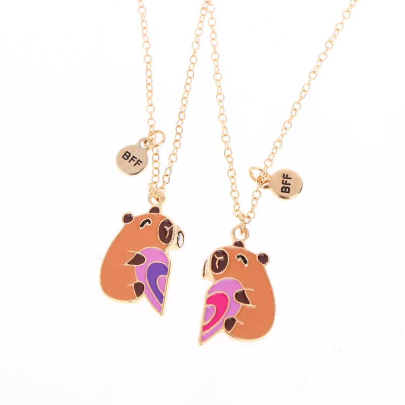 2 szt. Uroczy kreskówkowy kapibara w kształcie serca, magnetyczny naszyjnik dla najlepszych przyjaciół, biżuteria przyjaźni, prezenty