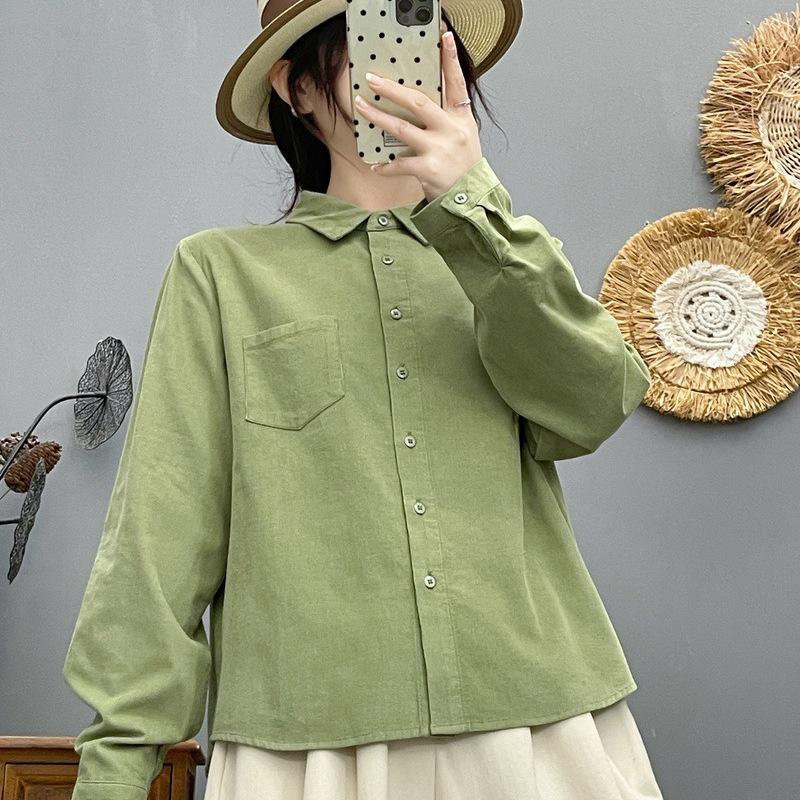 Spring 2026 Women's Corduroy Lapel Cardigan Blouse, Solid Color, Long Sleeve