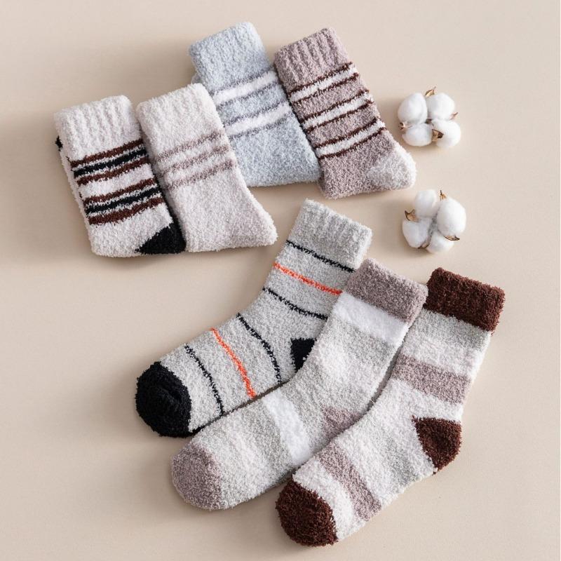 Coral fleece socks strips men's autumn and winter sleep socks medium tube socks fleece thickened warm home floor half fleece