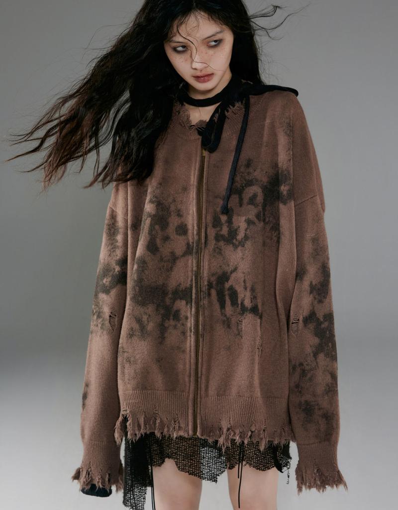 Cardigan tricotat cu fermoar maro femei Harajuku Vintage Y2k pulover gotic japonez Tie Dye Topuri cu mânecă lungă toamnă