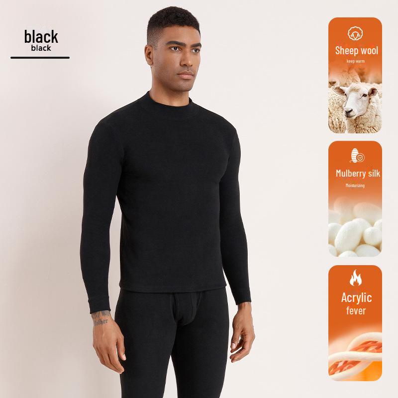 

Мужской комплект термобелья из шерсти и шелка с вырезом средней длины и утолщенным бархатом на осень XL чёрный