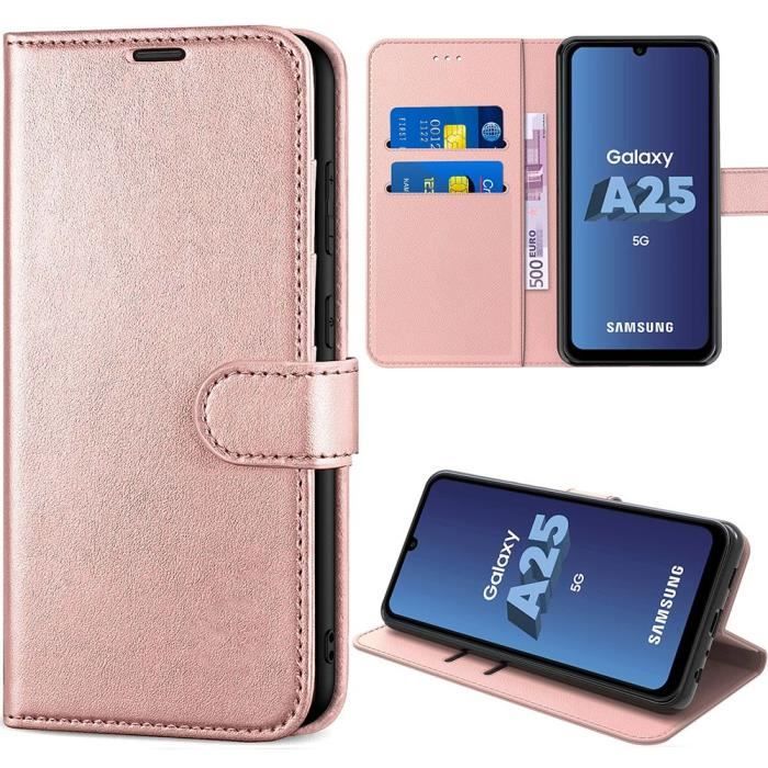 Coque pour Samsung Galaxy A25 5G, Rose, Protection Antichoc TPU et Cuir PU avec Porte-Cartes et Fonction de Support