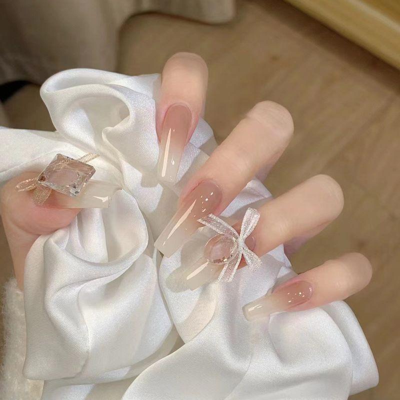 

Long Ladder Clear Milk Apricot Bows Handmade Wear Nail Graceful Nude Color Pure Desire Gradient Nail Stickers Milk apricot Bows Long ladder XS