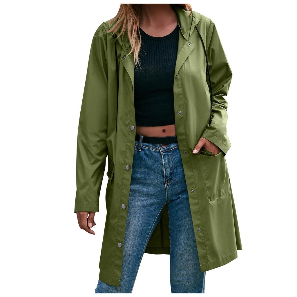 Women's Fashion-Simple Solid Color Outdoor Sports Single-breasted Pocket Windproof And Rainproof Hooded Mid-length Windbreaker Jacket