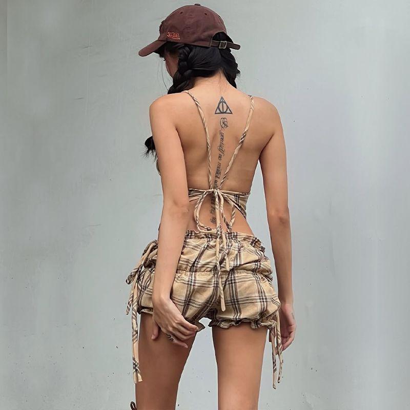 American Gyaru Girl Plaid Backless Lace-up Halter Top Women + Sexy Low Waist Flower Buds Short Dress Set New